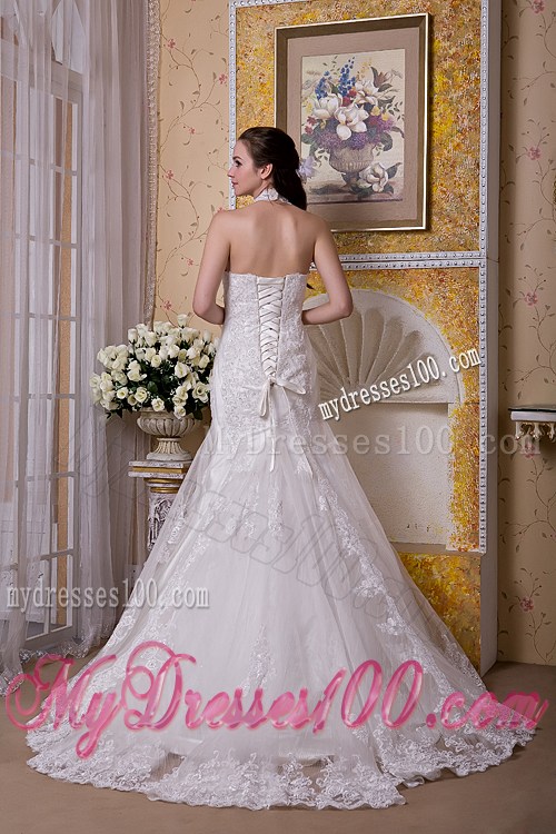 High-neck Mermaid Taffeta and Lace Wedding Dresses with Brush Train