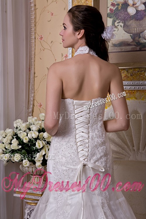 High-neck Mermaid Taffeta and Lace Wedding Dresses with Brush Train