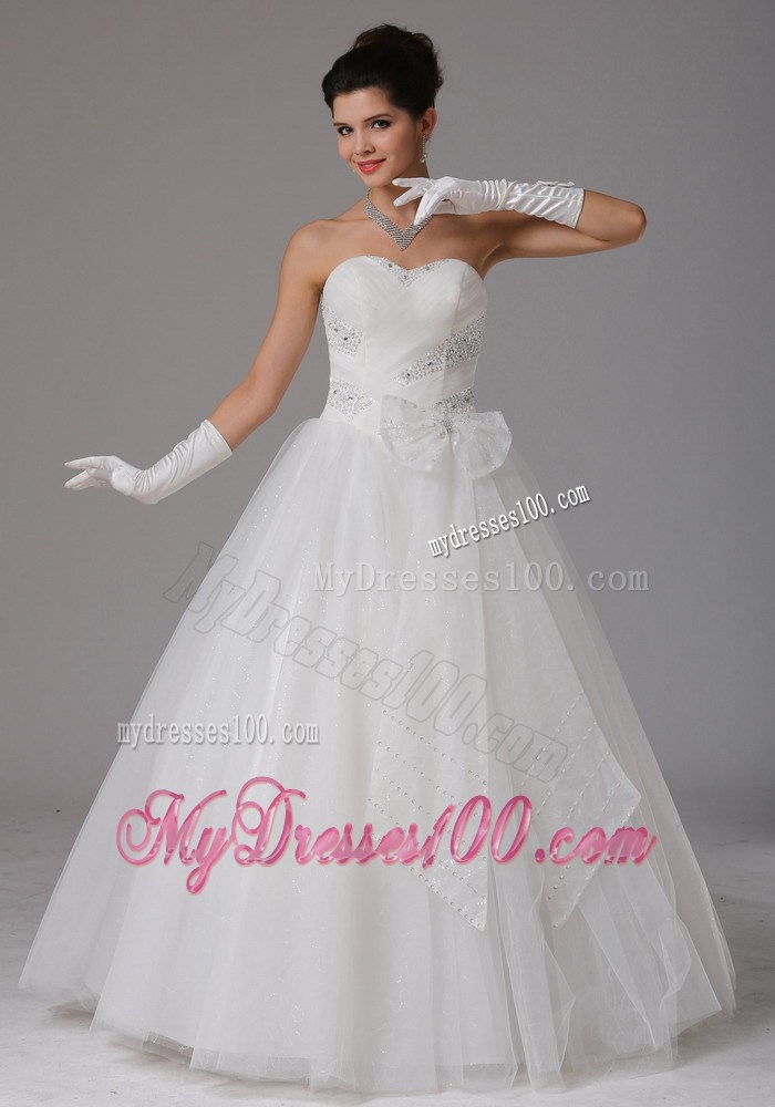 Strapless Big Bowknot Decorate White Wedding Dress with Beading
