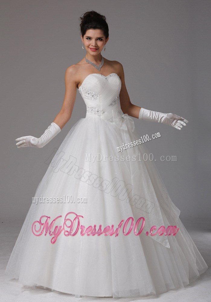 Strapless Big Bowknot Decorate White Wedding Dress with Beading