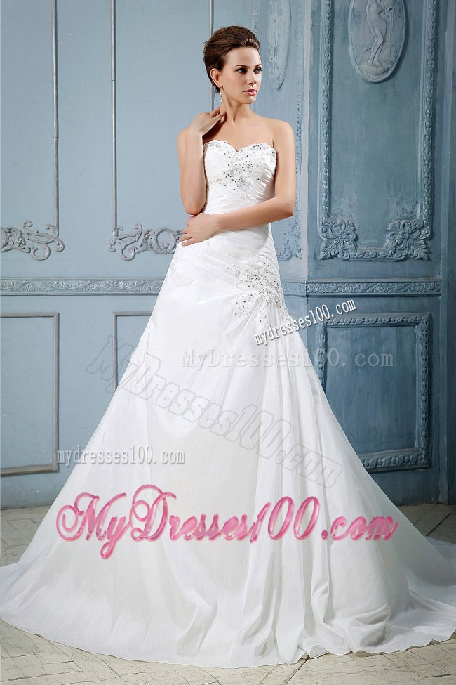 Beaded and Appliqued Princess Sweetheart Court Train Wedding Gown