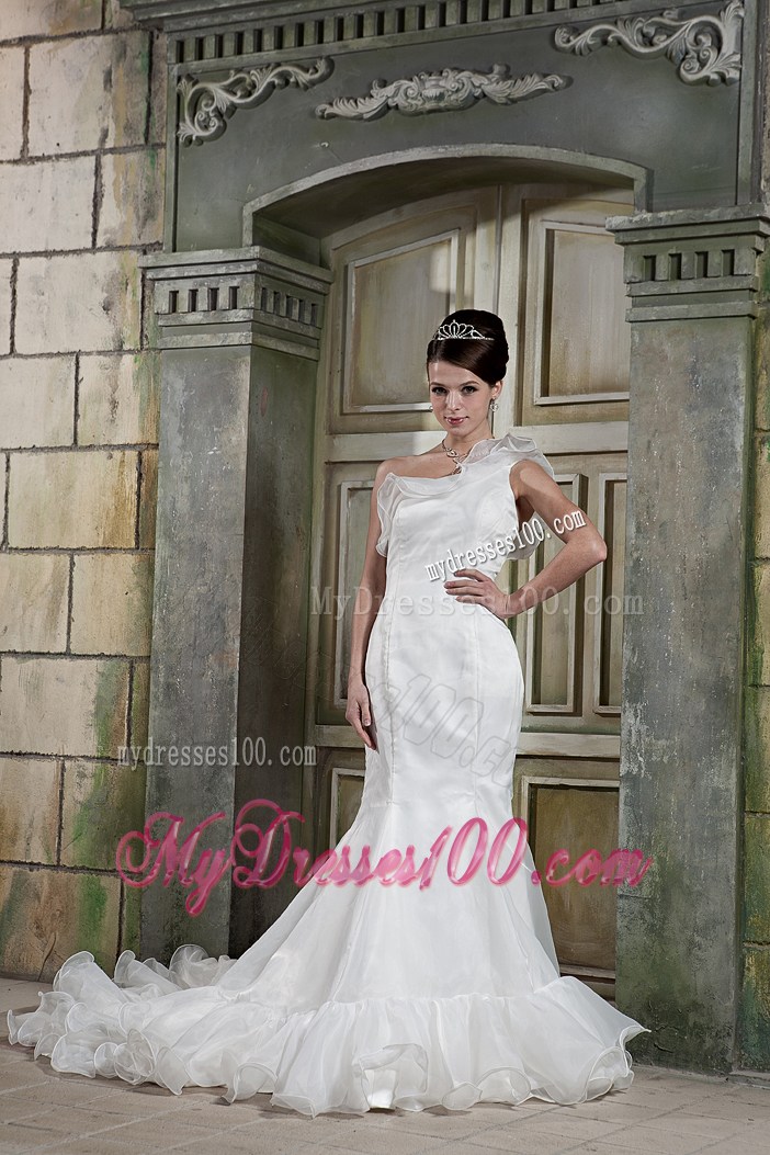 Mermaid Court Train Dresses Foe Wedding with Flounced One Shoulder