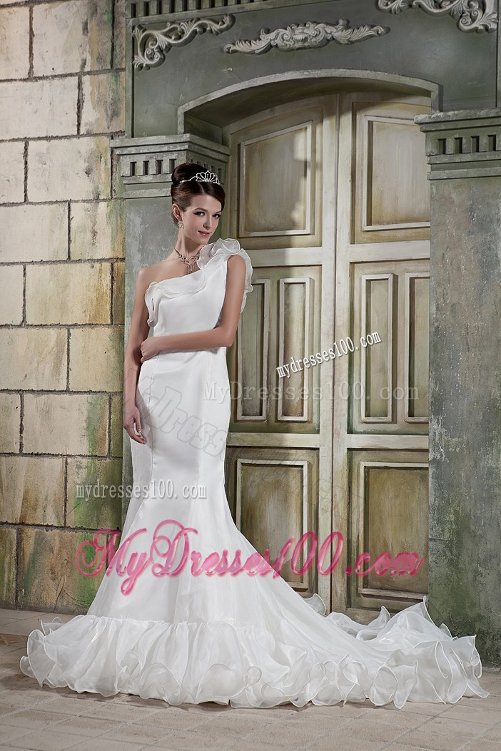 Mermaid Court Train Dresses Foe Wedding with Flounced One Shoulder