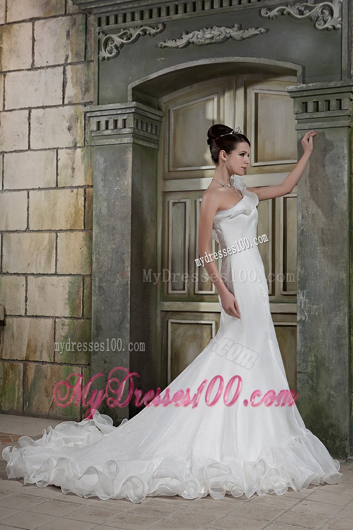 Mermaid Court Train Dresses Foe Wedding with Flounced One Shoulder