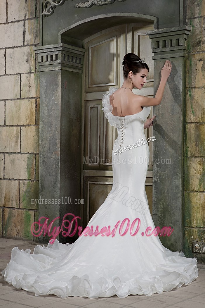 Mermaid Court Train Dresses Foe Wedding with Flounced One Shoulder