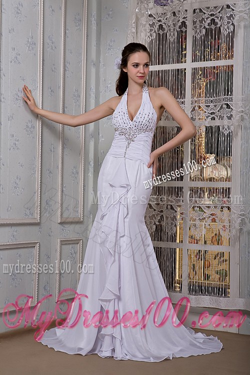 Halter V-neck Beaded and Ruffled Chiffon Brush Train Bridal Gown