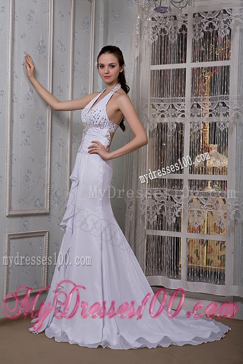 Halter V-neck Beaded and Ruffled Chiffon Brush Train Bridal Gown