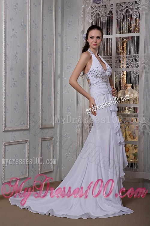 Halter V-neck Beaded and Ruffled Chiffon Brush Train Bridal Gown