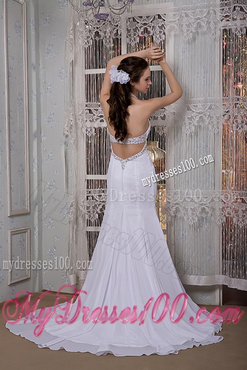 Halter V-neck Beaded and Ruffled Chiffon Brush Train Bridal Gown