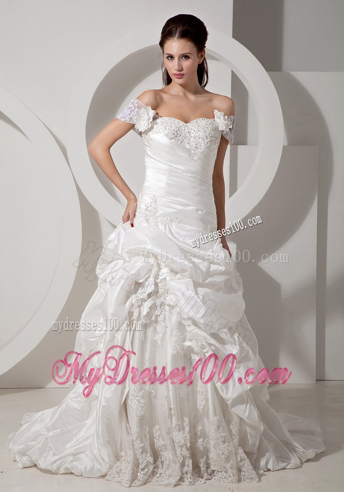 Detachable Off The Shoulder Bridal Gowns with Pick-ups and Lace Hemline