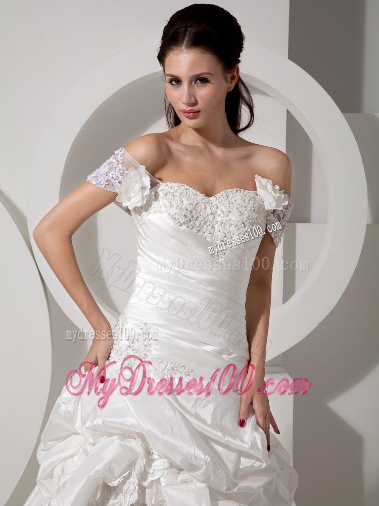 Detachable Off The Shoulder Bridal Gowns with Pick-ups and Lace Hemline
