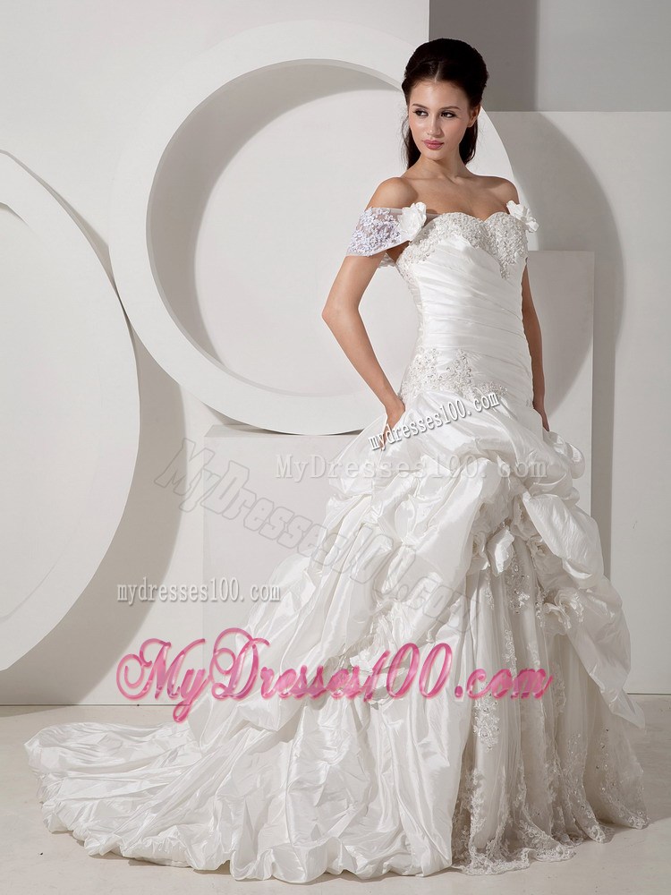 Detachable Off The Shoulder Bridal Gowns with Pick-ups and Lace Hemline