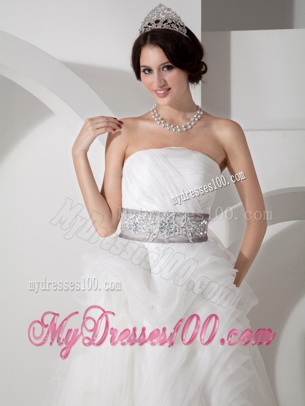 Strapless Brush Train Appliqued Organza Wedding Gown with Rolling Flowers