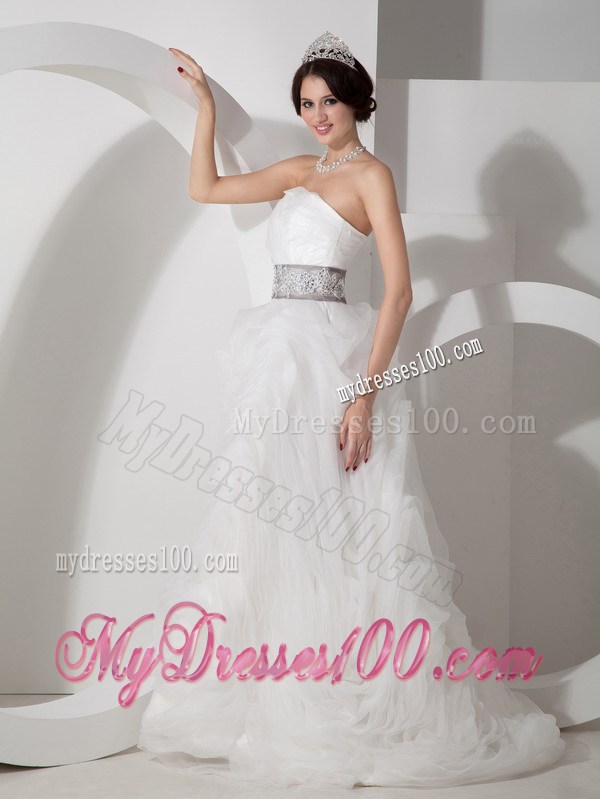 Strapless Brush Train Appliqued Organza Wedding Gown with Rolling Flowers