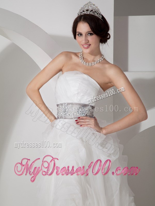 Strapless Brush Train Appliqued Organza Wedding Gown with Rolling Flowers