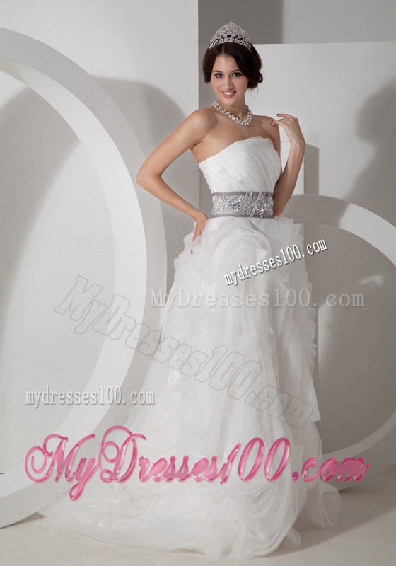 Strapless Brush Train Appliqued Organza Wedding Gown with Rolling Flowers
