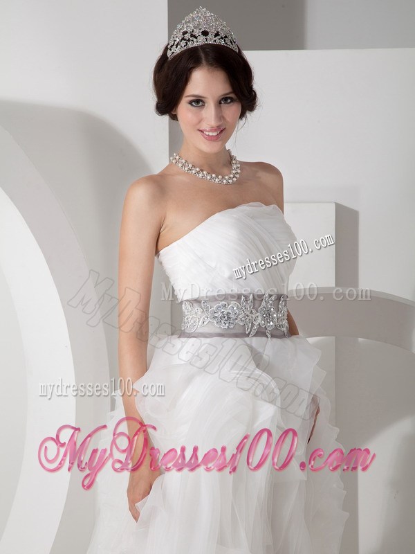 Strapless Brush Train Appliqued Organza Wedding Gown with Rolling Flowers