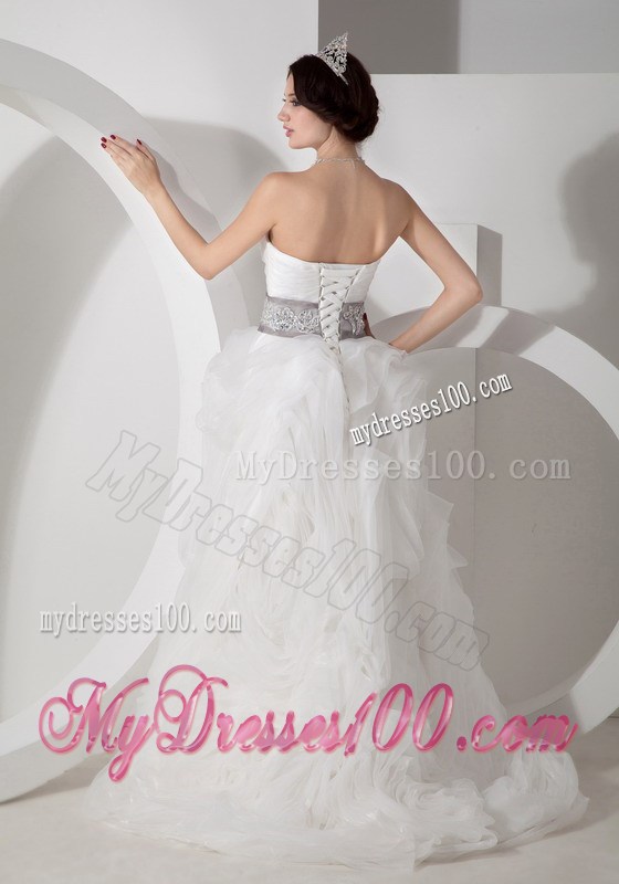 Strapless Brush Train Appliqued Organza Wedding Gown with Rolling Flowers