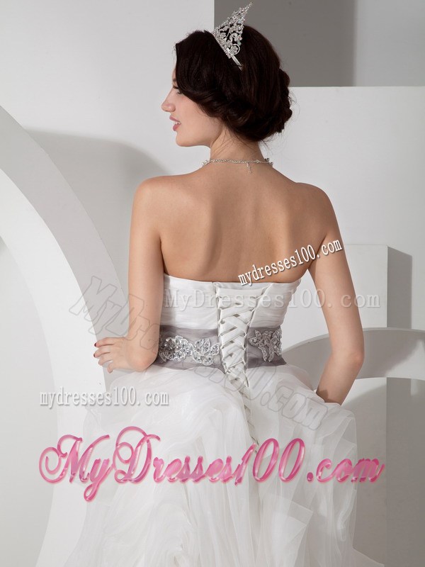 Strapless Brush Train Appliqued Organza Wedding Gown with Rolling Flowers