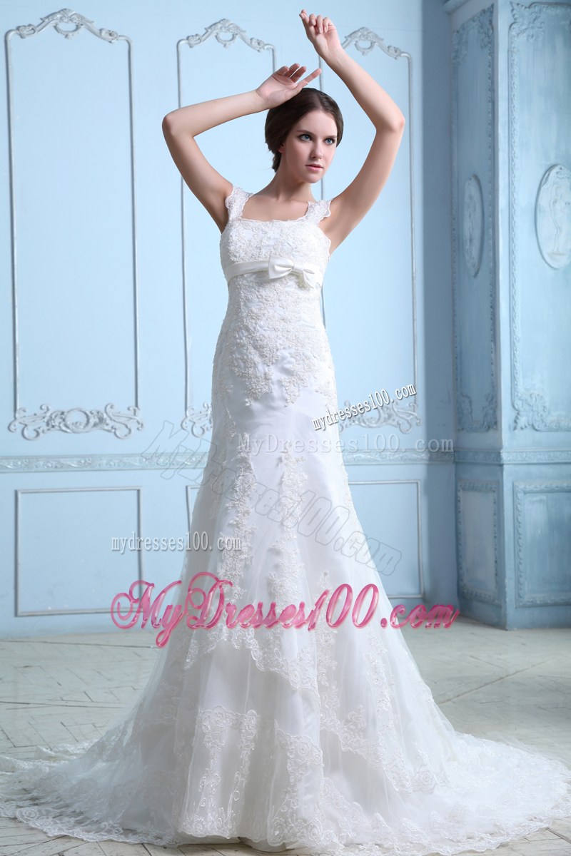 Straps Mermaid Square Court Wedding of White Satin and Lace 2013
