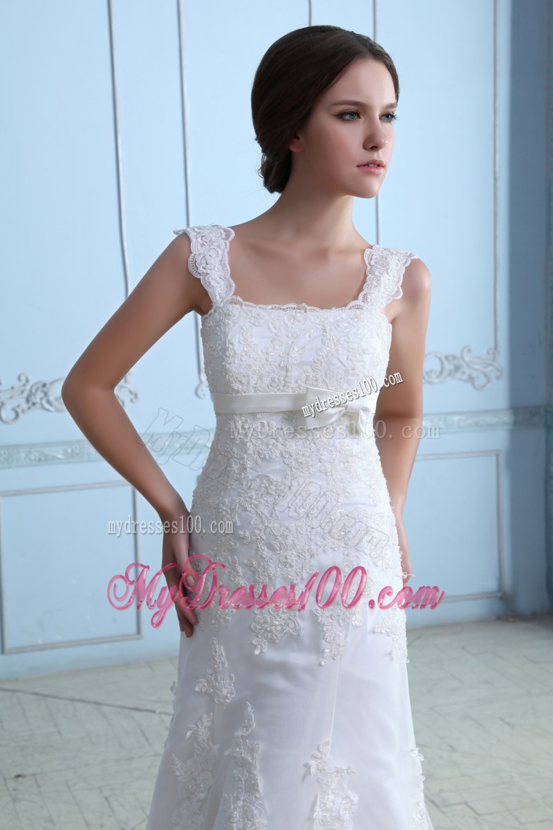 Straps Mermaid Square Court Wedding of White Satin and Lace 2013