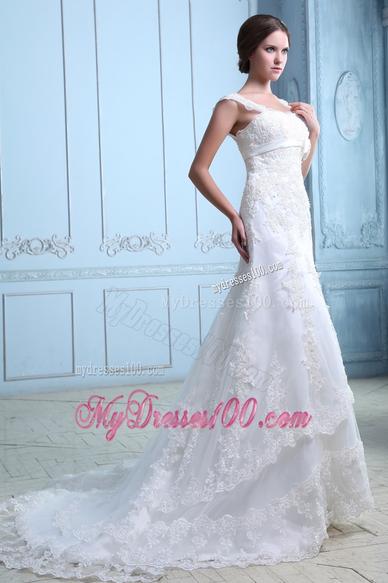 Straps Mermaid Square Court Wedding of White Satin and Lace 2013