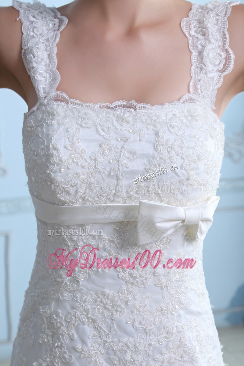 Straps Mermaid Square Court Wedding of White Satin and Lace 2013