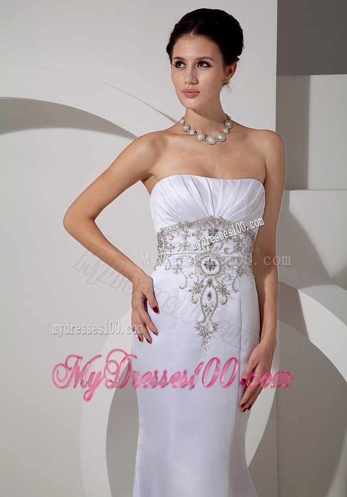 Elegant Mermaid Appliques Ruche White Wedding Gown Court Train