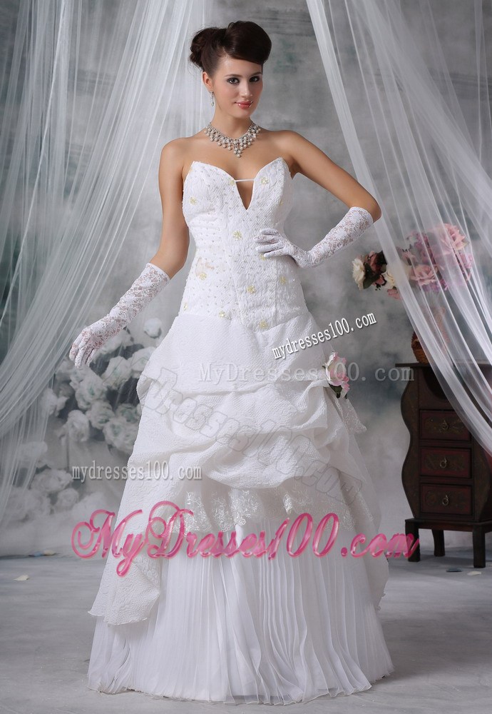 Plunging V-neck Strapless White Wedding Dress with Pick-ups Ruffles