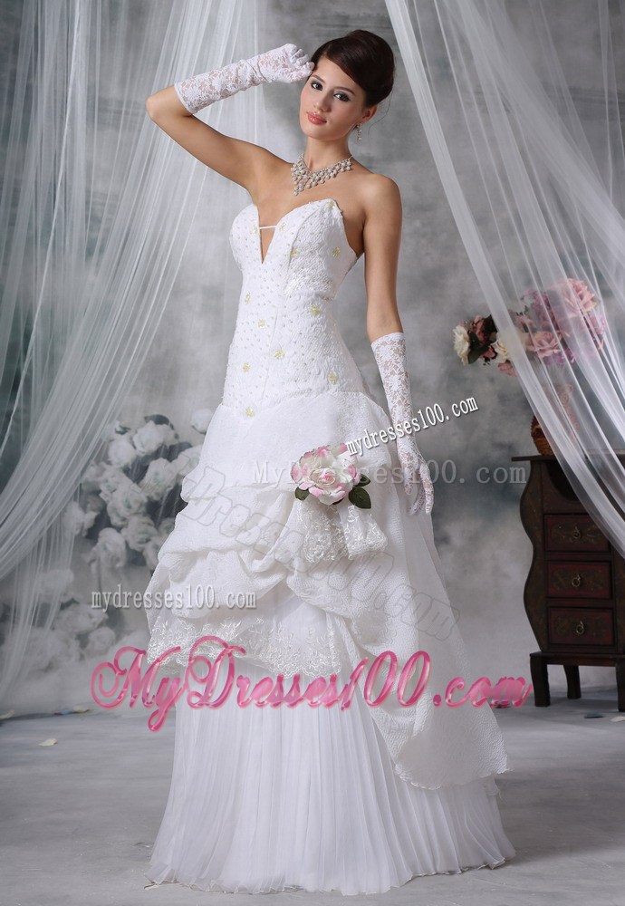 Plunging V-neck Strapless White Wedding Dress with Pick-ups Ruffles