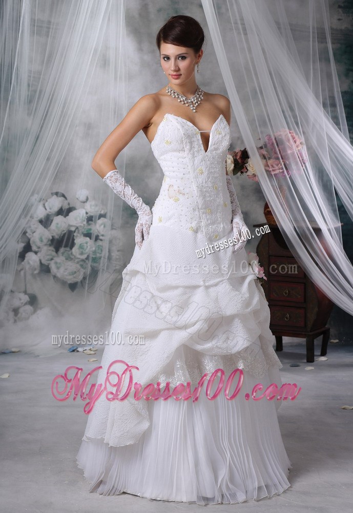 Plunging V-neck Strapless White Wedding Dress with Pick-ups Ruffles
