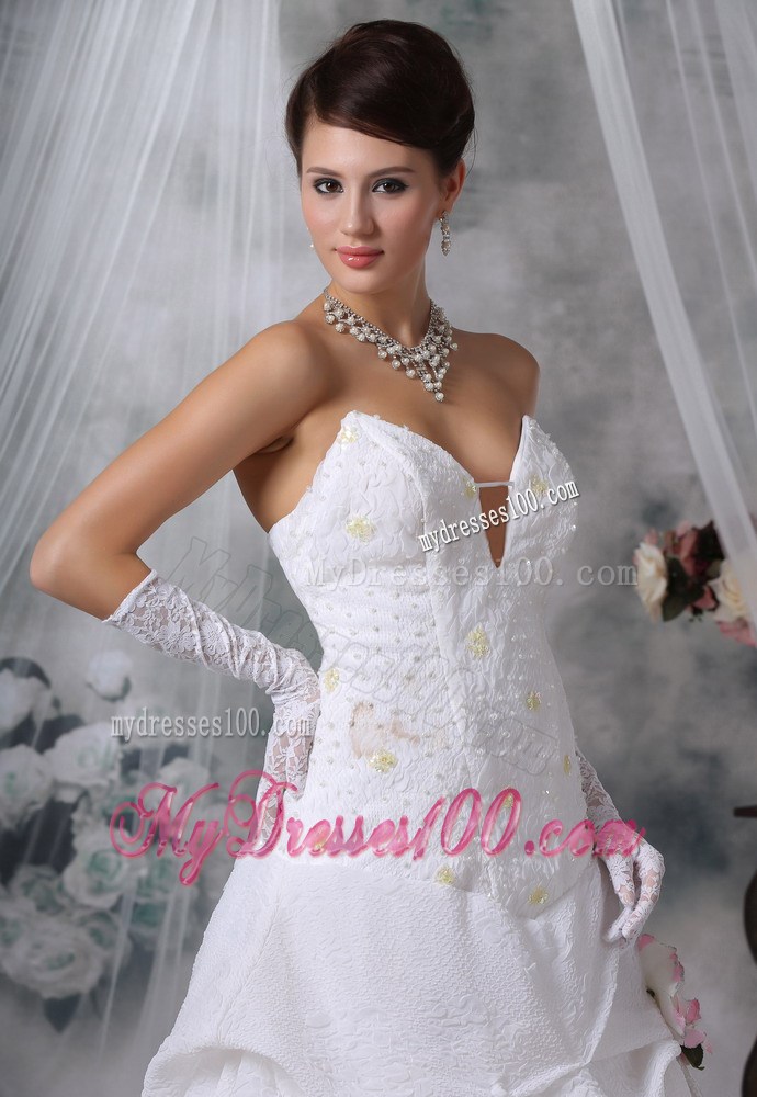 Plunging V-neck Strapless White Wedding Dress with Pick-ups Ruffles