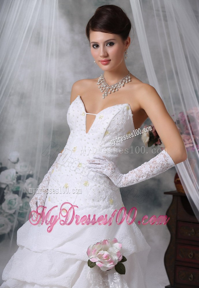 Plunging V-neck Strapless White Wedding Dress with Pick-ups Ruffles