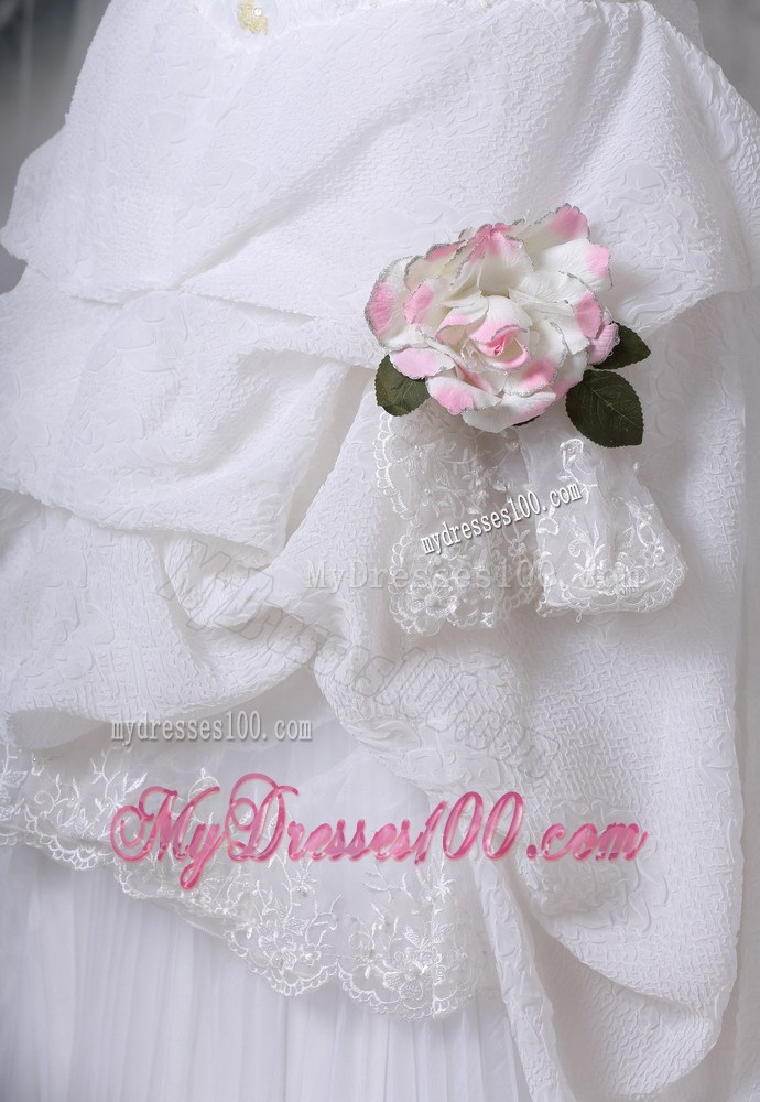 Plunging V-neck Strapless White Wedding Dress with Pick-ups Ruffles