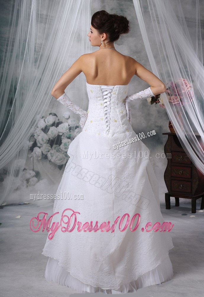 Plunging V-neck Strapless White Wedding Dress with Pick-ups Ruffles