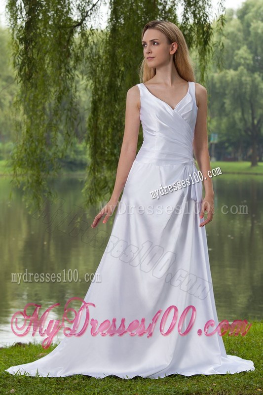 Modernistic V-neck Straps Ruche White Wedding Dress Court Train