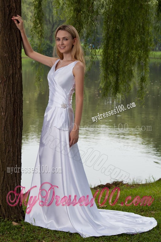 Modernistic V-neck Straps Ruche White Wedding Dress Court Train