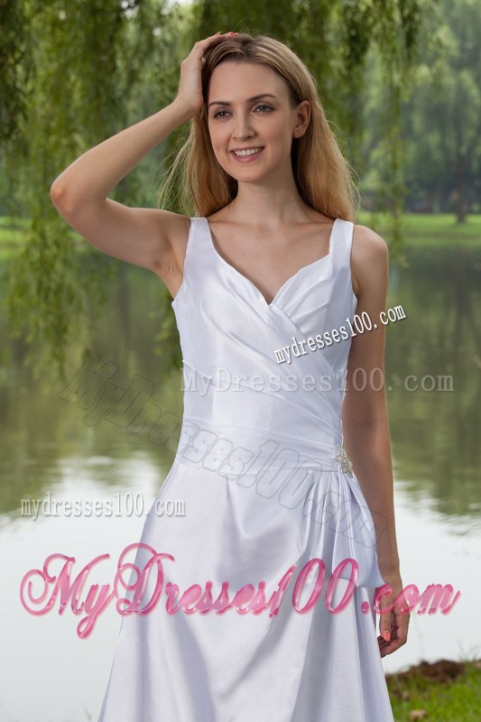Modernistic V-neck Straps Ruche White Wedding Dress Court Train