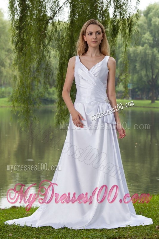 Modernistic V-neck Straps Ruche White Wedding Dress Court Train