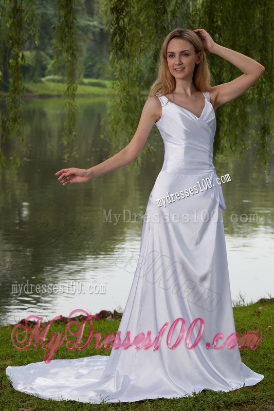 Modernistic V-neck Straps Ruche White Wedding Dress Court Train