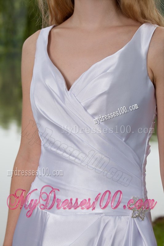 Modernistic V-neck Straps Ruche White Wedding Dress Court Train