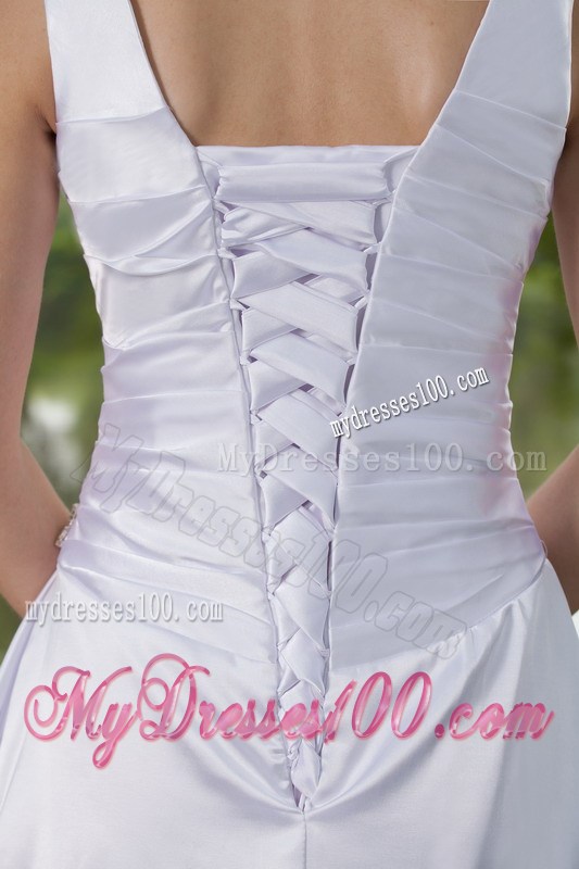 Modernistic V-neck Straps Ruche White Wedding Dress Court Train