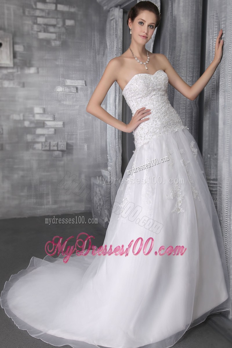 Court Train Sweetheart Lace-up Back White Wedding Gown Floral Embroidery