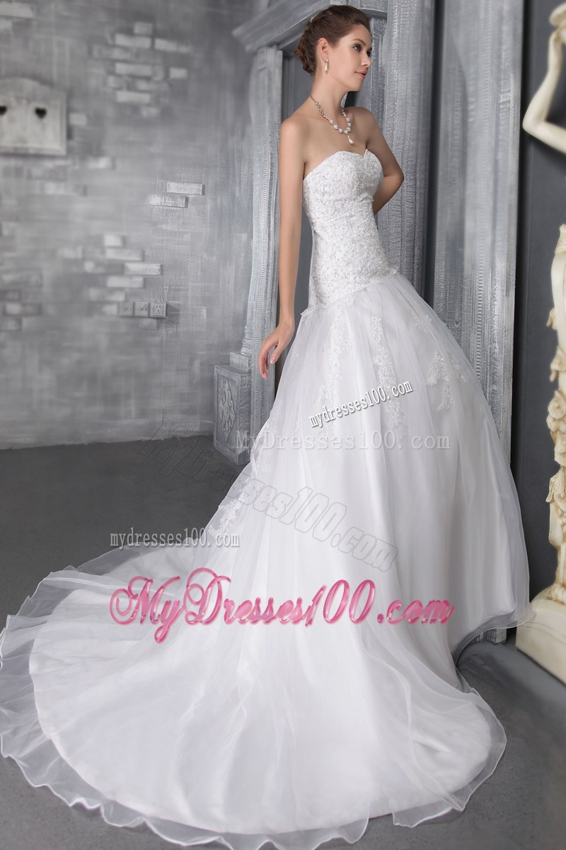 Court Train Sweetheart Lace-up Back White Wedding Gown Floral Embroidery