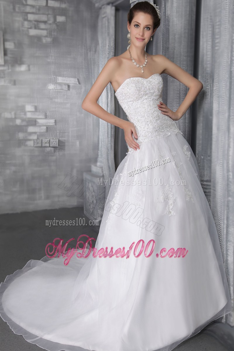 Court Train Sweetheart Lace-up Back White Wedding Gown Floral Embroidery