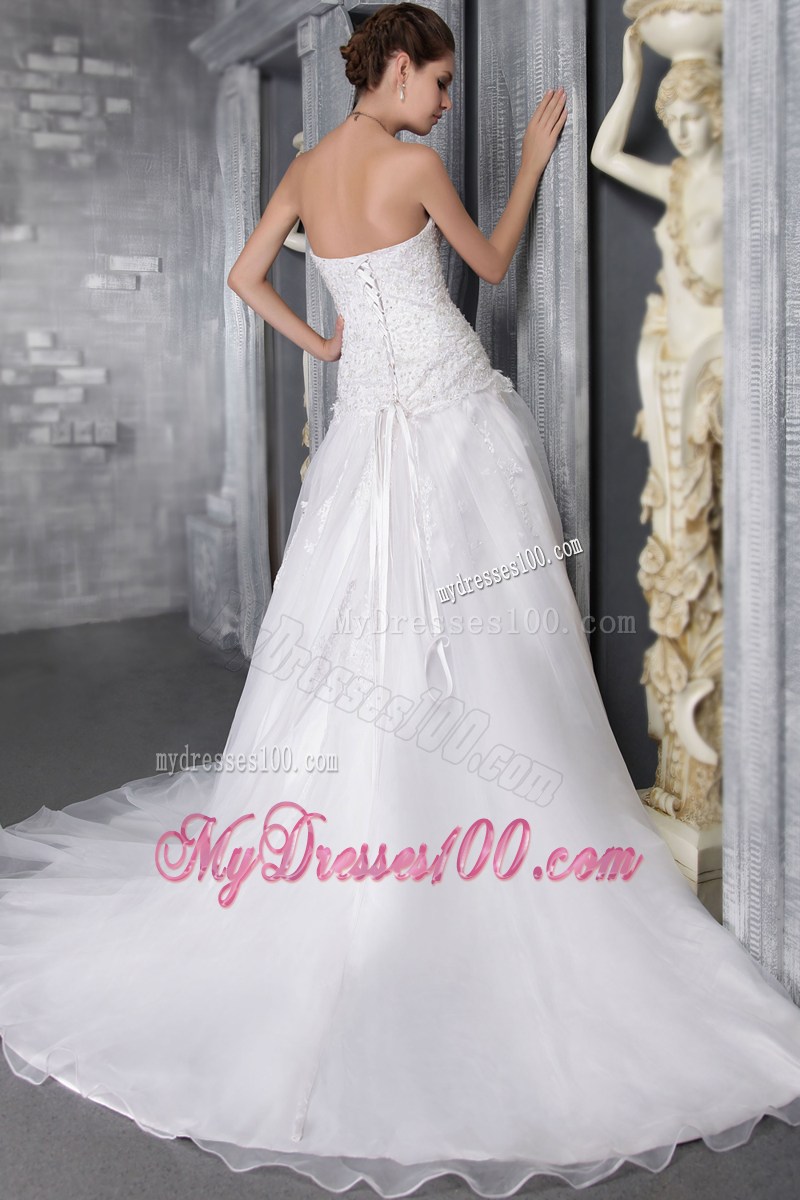 Court Train Sweetheart Lace-up Back White Wedding Gown Floral Embroidery