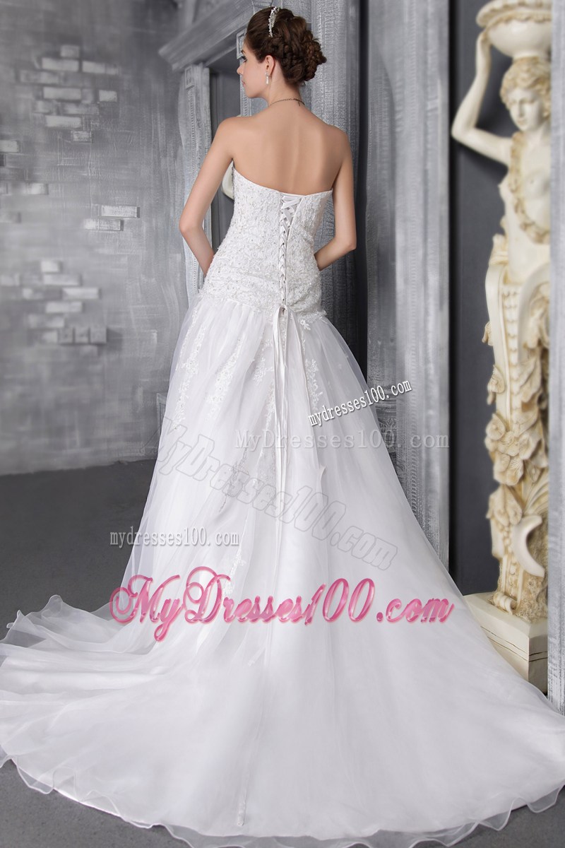 Court Train Sweetheart Lace-up Back White Wedding Gown Floral Embroidery