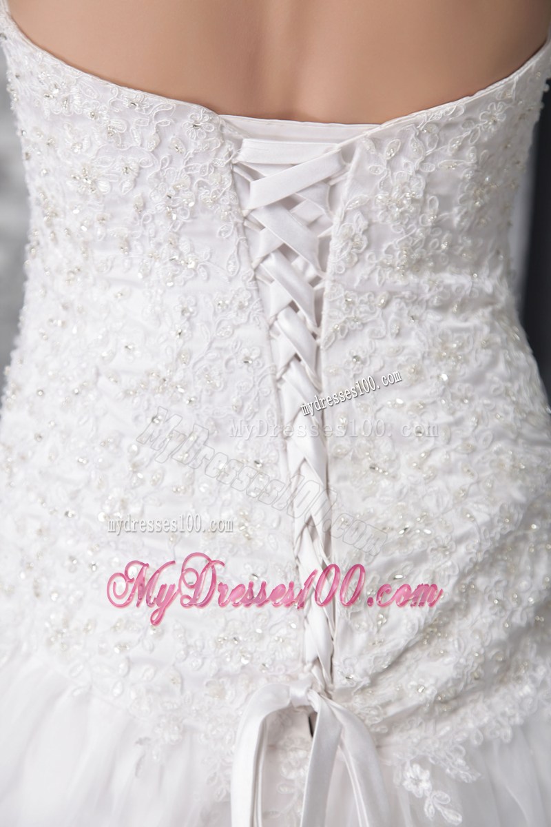 Court Train Sweetheart Lace-up Back White Wedding Gown Floral Embroidery