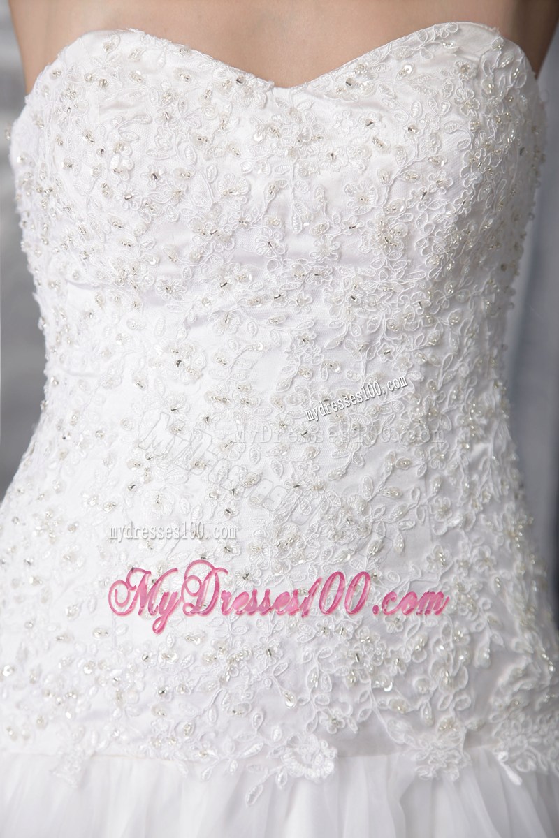 Court Train Sweetheart Lace-up Back White Wedding Gown Floral Embroidery