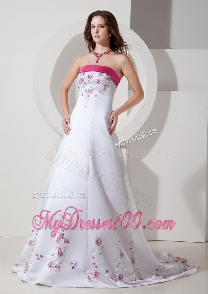 Strapless Sweep Train Dress for Wedding in White with Red Embroideries